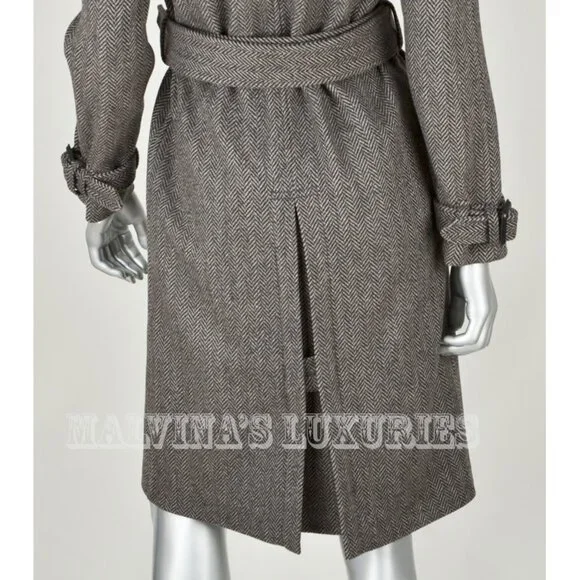 GUCCI COAT GREY WOOL HERRINGBONE DOUBLE BREASTED LONG JACKET IT42/ US6